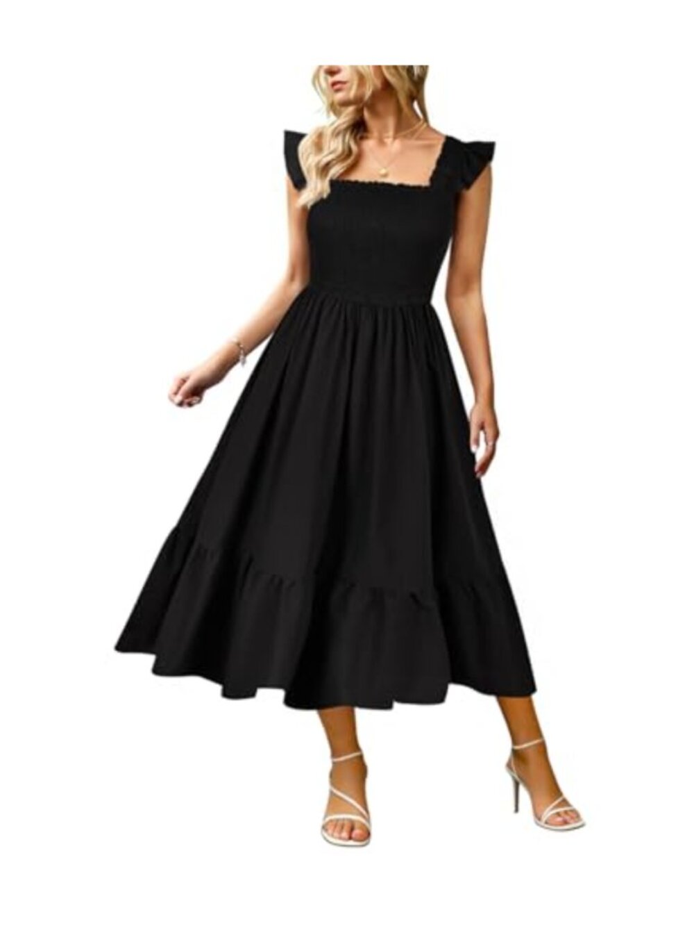 Plus Size Sleeveless Smocked Square Neck Ruffle Strap Midi Dress with Pockets